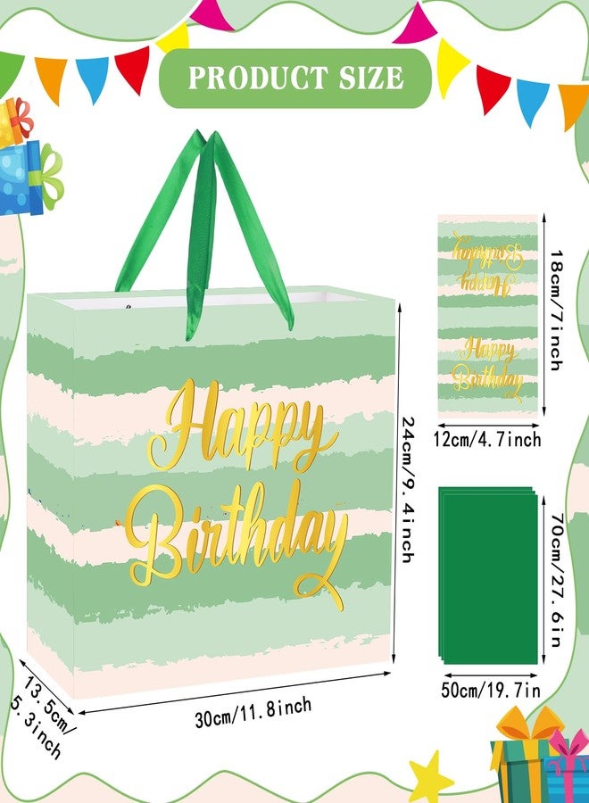 Woosytoo Sage Green Birthday Gift Bag Large Happy Birthday Gift Bag with Greeting Card and Tissue Paper Sage Green Striped Watercolor Wrapping Paper Bags for Girls Women Bday Baby Shower Party Decor - Image 4
